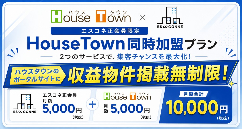 エスコネ正会員限定 HouseTown同時加盟プラン（収益物件掲載無制限・月額合計10,000円・税抜）詳細チラシを開く